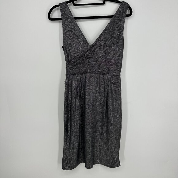 3/$25 Maggy London Cocktail Dress 4 Faux Wrap Metallic Embellished Broch Black - Picture 2 of 9